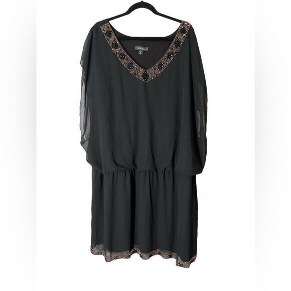 S.L. Fashions‎ midi chiffon dress beaded neck & hem cinched waist black size 24 - Picture 1 of 10